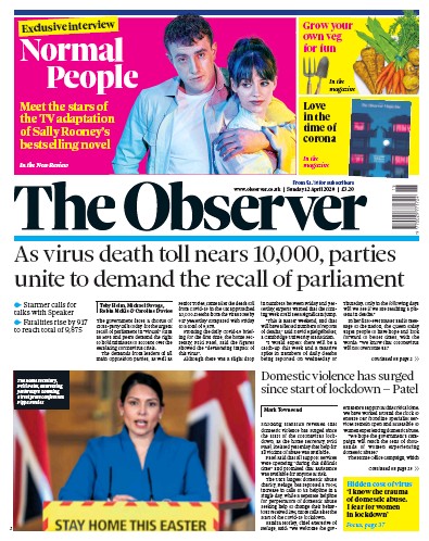 The Observer Newspaper Front Page (UK) for 12 April 2020