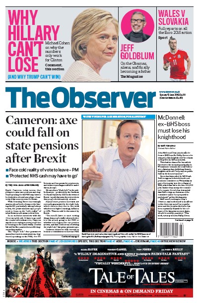 The Observer Newspaper Front Page (UK) for 12 June 2016