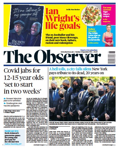 The Observer Newspaper Front Page (UK) for 12 September 2021