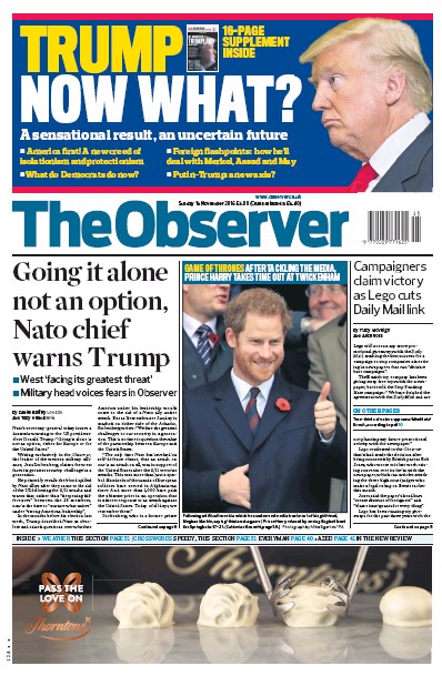 The Observer Newspaper Front Page (UK) for 13 November 2016