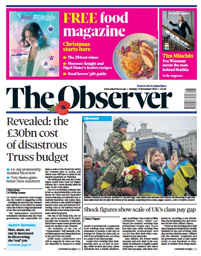 The Observer Newspaper Front Page (UK) for 13 November 2022