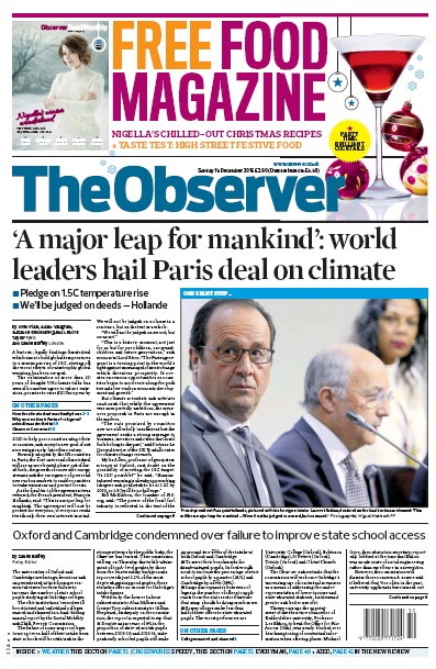 The Observer Newspaper Front Page (UK) for 13 December 2015