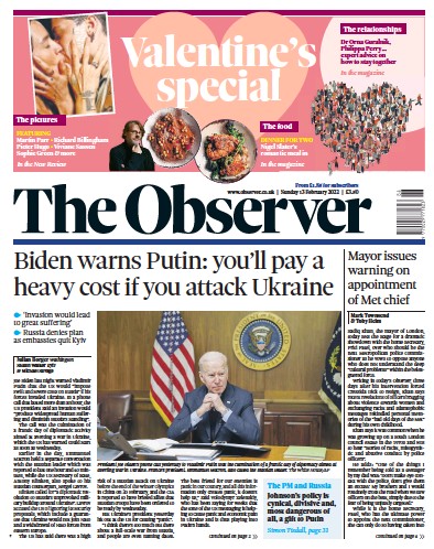 The Observer Newspaper Front Page (UK) for 13 February 2022