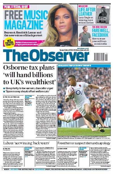The Observer Newspaper Front Page (UK) for 13 March 2016