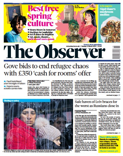The Observer Newspaper Front Page (UK) for 13 March 2022