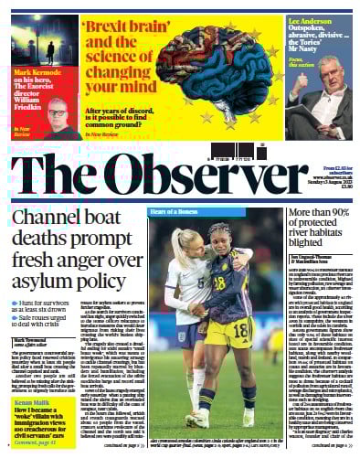 The Observer Newspaper Front Page (UK) for 13 August 2023