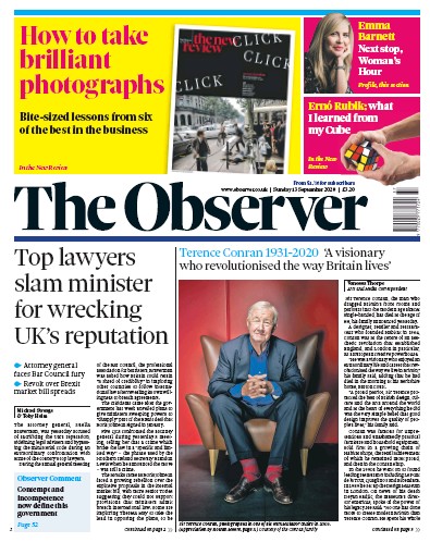 The Observer Newspaper Front Page (UK) for 13 September 2020