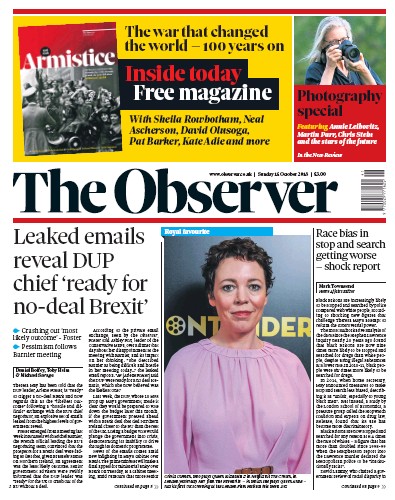 The Observer Newspaper Front Page (UK) for 14 October 2018