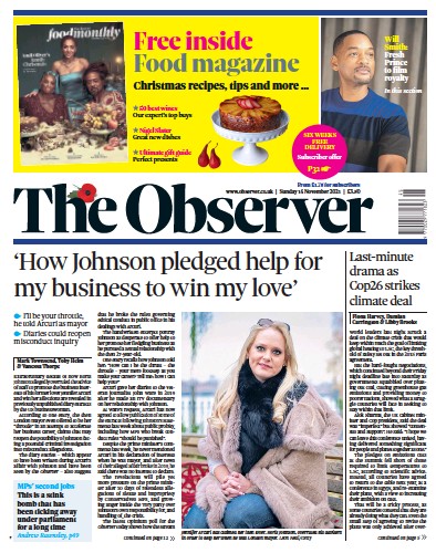 The Observer Newspaper Front Page (UK) for 14 November 2021
