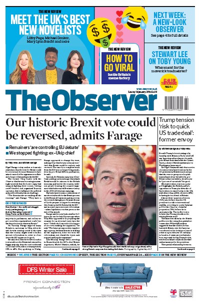 The Observer Newspaper Front Page (UK) for 14 January 2018