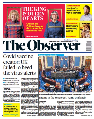 The Observer Newspaper Front Page (UK) for 14 February 2021