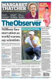 The Observer (UK) Newspaper Front Page for 14 April 2013