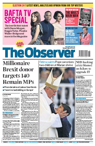 The Observer Newspaper Front Page (UK) for 14 May 2017
