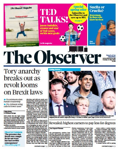 The Observer Newspaper Front Page (UK) for 14 May 2023