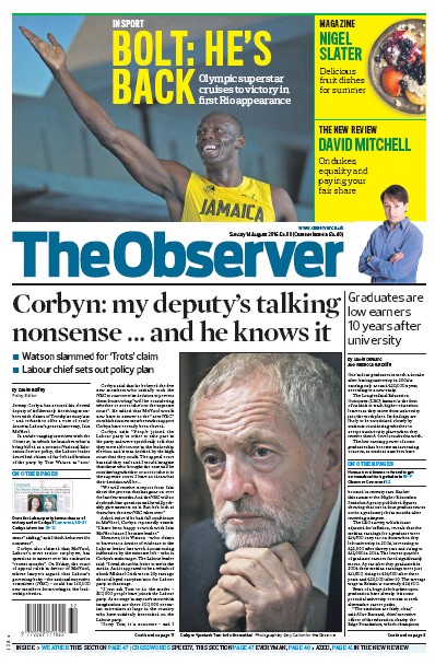 The Observer Newspaper Front Page (UK) for 14 August 2016