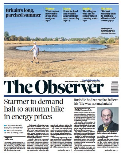 The Observer Newspaper Front Page (UK) for 14 August 2022