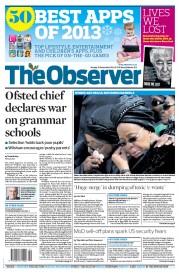 The Observer (UK) Newspaper Front Page for 15 December 2013
