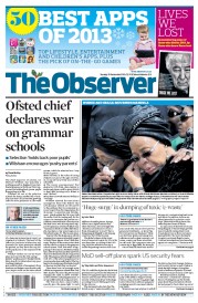 The Observer Newspaper Front Page (UK) for 15 December 2013