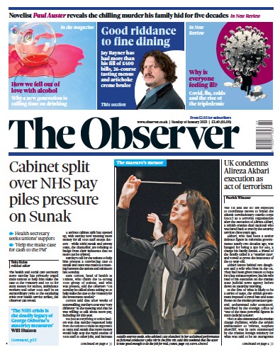 The Observer Newspaper Front Page (UK) for 15 January 2023