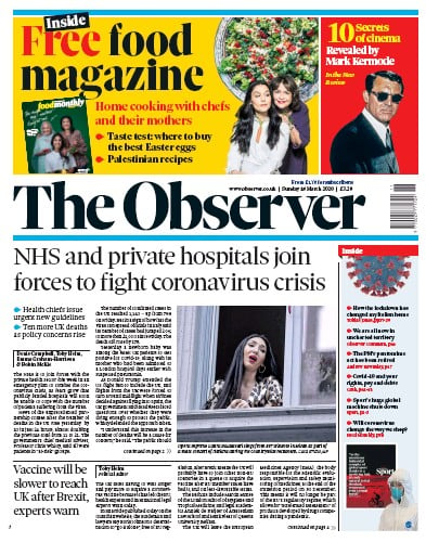 The Observer Newspaper Front Page (UK) for 15 March 2020