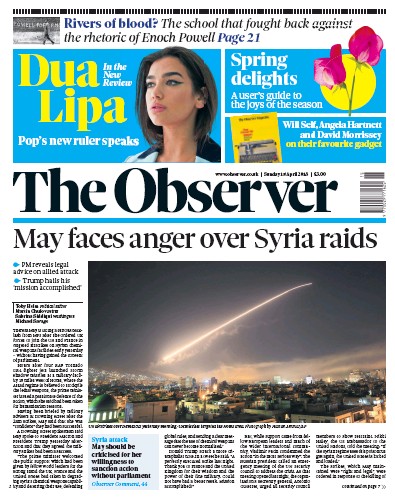 The Observer Newspaper Front Page (UK) for 15 April 2018
