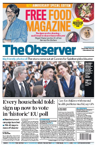 The Observer Newspaper Front Page (UK) for 15 May 2016