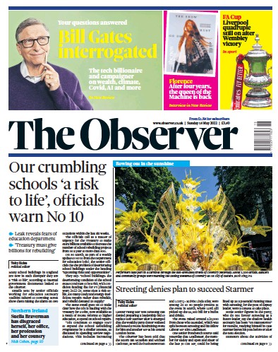 The Observer Newspaper Front Page (UK) for 15 May 2022