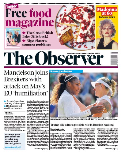 The Observer Newspaper Front Page (UK) for 15 July 2018