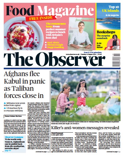 The Observer Newspaper Front Page (UK) for 15 August 2021