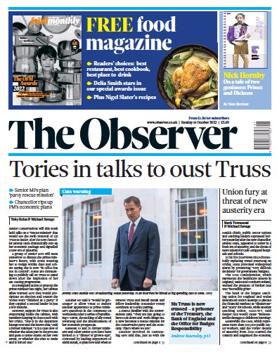 The Observer Newspaper Front Page (UK) for 16 October 2022