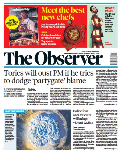 The Observer Newspaper Front Page (UK) for 16 January 2022