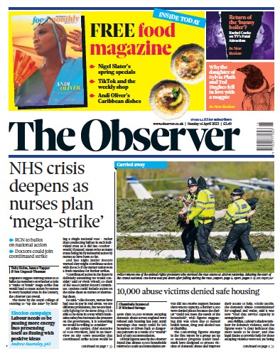 The Observer Newspaper Front Page (UK) for 16 April 2023