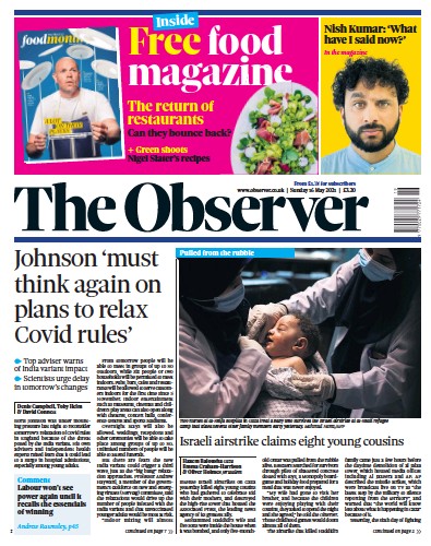 The Observer Newspaper Front Page (UK) for 16 May 2021