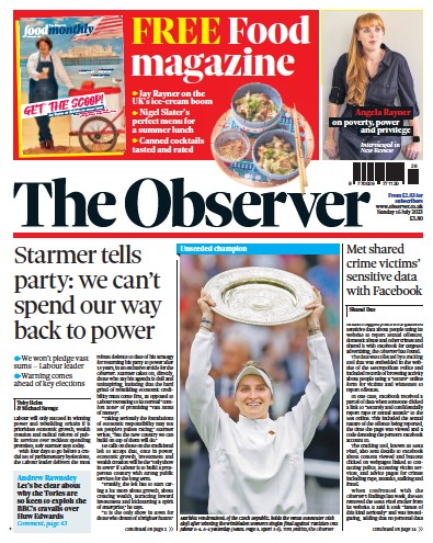 The Observer Newspaper Front Page (UK) for 16 July 2023