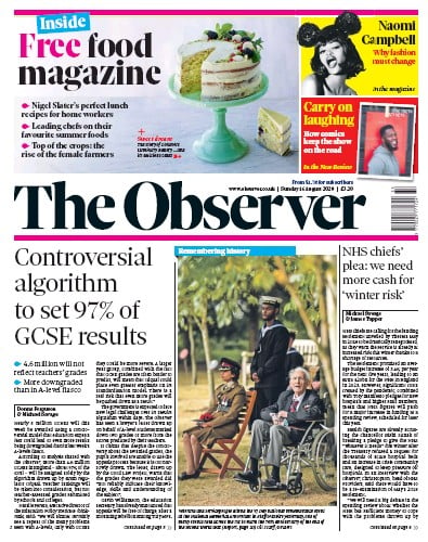 The Observer Newspaper Front Page (UK) for 16 August 2020