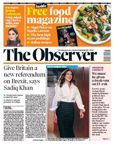 The Observer Newspaper Front Page (UK) for 16 September 2018