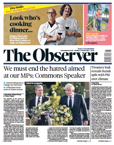 The Observer Newspaper Front Page (UK) for 17 October 2021