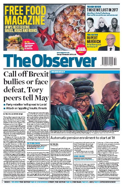 The Observer Newspaper Front Page (UK) for 17 December 2017