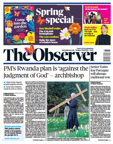 The Observer Newspaper Front Page (UK) for 17 April 2022