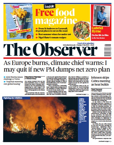 The Observer Newspaper Front Page (UK) for 17 July 2022