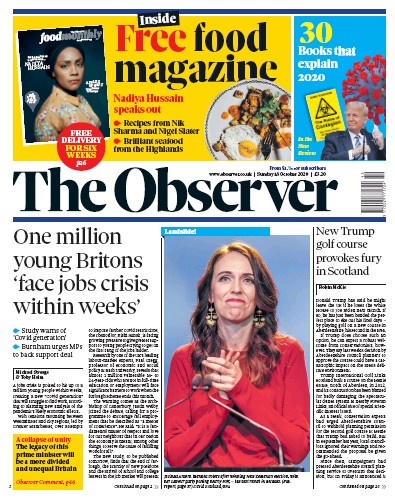 The Observer Newspaper Front Page (UK) for 18 October 2020