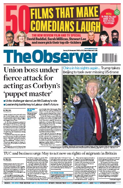 The Observer Newspaper Front Page (UK) for 18 December 2016