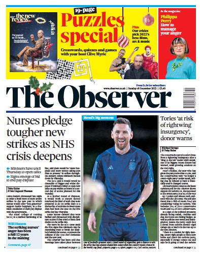 The Observer Newspaper Front Page (UK) for 18 December 2022