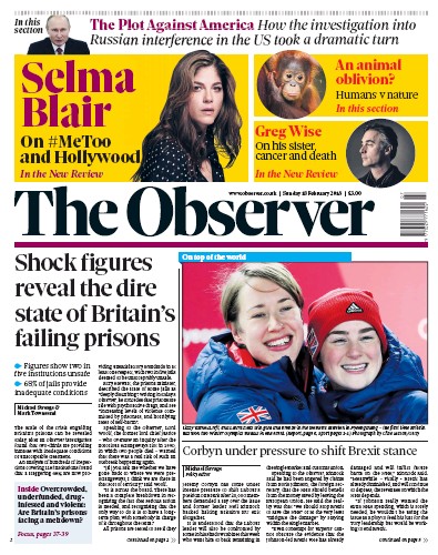 The Observer Newspaper Front Page (UK) for 18 February 2018