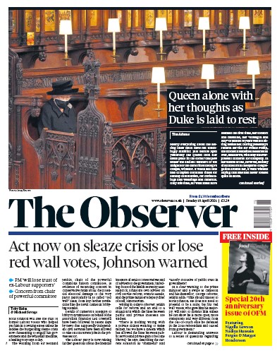 The Observer Newspaper Front Page (UK) for 18 April 2021