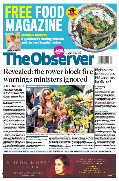 The Observer Newspaper Front Page (UK) for 18 June 2017