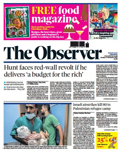 The Observer Newspaper Front Page (UK) for 19 November 2023