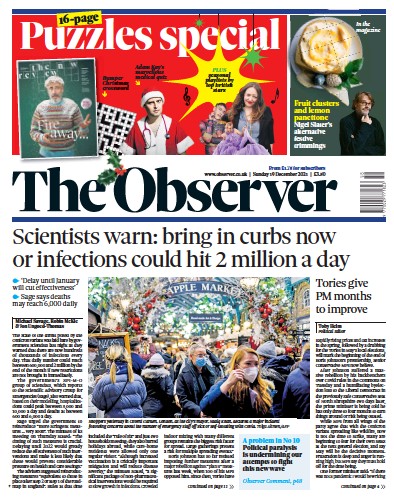 The Observer Newspaper Front Page (UK) for 19 December 2021