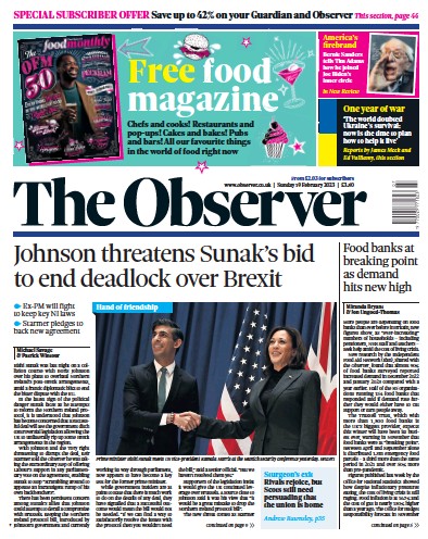 The Observer Newspaper Front Page (UK) for 19 February 2023