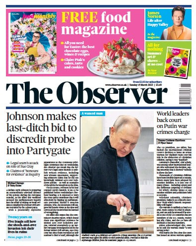 The Observer Newspaper Front Page (UK) for 19 March 2023